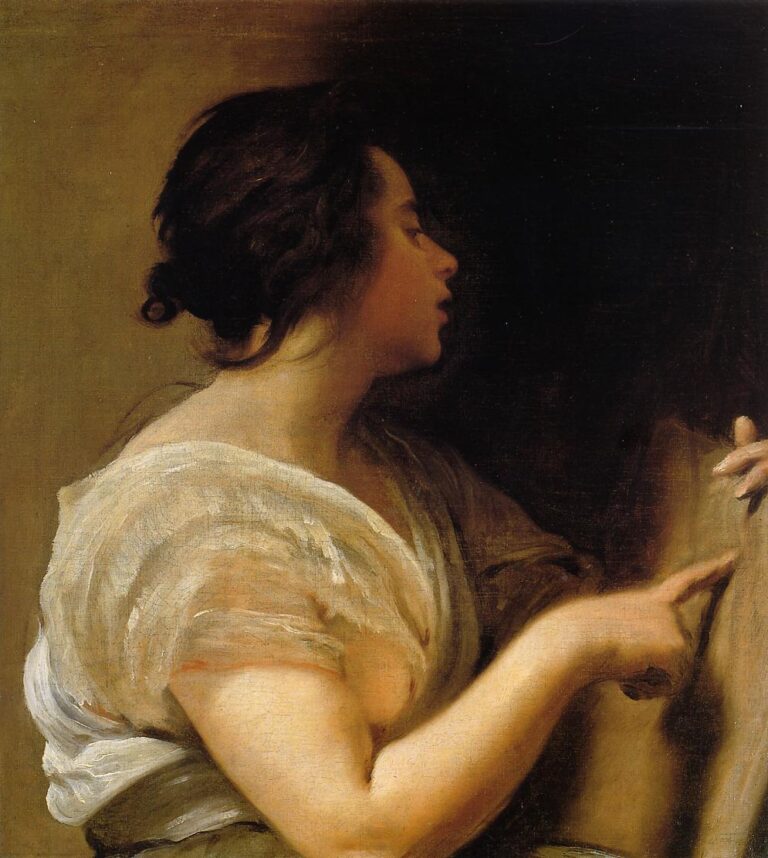 Half-length profile of a young woman in a loose white blouse, leaning forward and pointing her index finger toward the right edge, her head and arm lit softly against a warm, dark background.