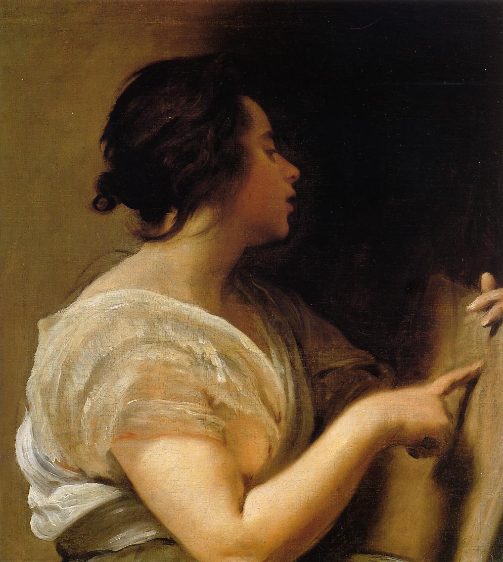 Half-length profile of a young woman in a loose white blouse, leaning forward and pointing her index finger toward the right edge, her head and arm lit softly against a warm, dark background.