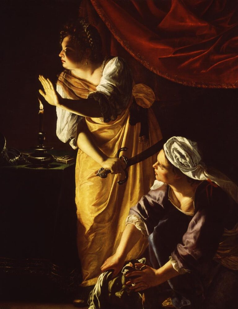 Candlelit interior with Judith in a golden dress shielding a flame while holding a curved sword, her maid crouched beside her gathering a cloth under a heavy red curtain, both women alert as they prepare to flee with Holofernes’s severed head.