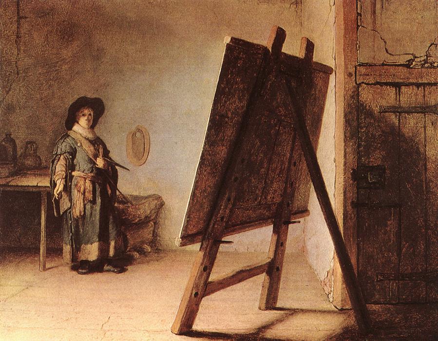 A small figure of a young painter stands at left in a sparse room, studying a huge easel set diagonally in the foreground as light from the right illuminates a cracked door, rough plaster walls, and the floor’s long shadows.