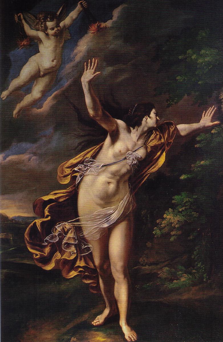 Full-length Aurora strides forward at dawn, nude but partially draped in a gold-lined mantle, arms raised as she parts the darkness; a winged putto flies above with two small torches against a cloudy sky, trees and landscape emerging at right.