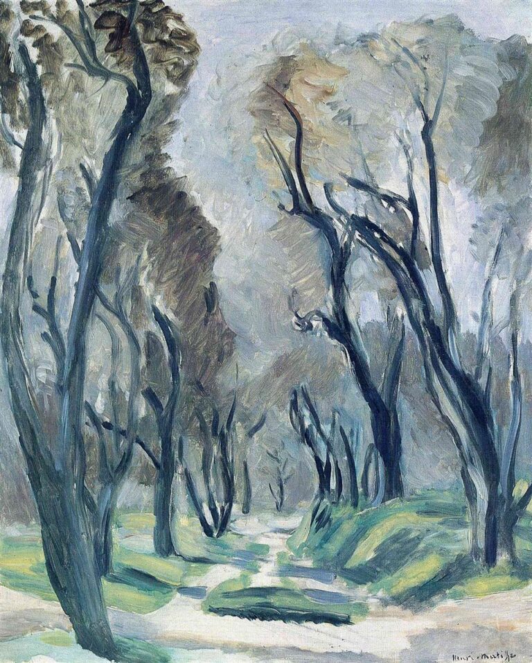 A cool-toned landscape of a winding path through an olive grove with tall, leaning trunks and a pale blue-gray sky; soft greens and blues create a calm, airy atmosphere, painted by Henri Matisse in 1920.