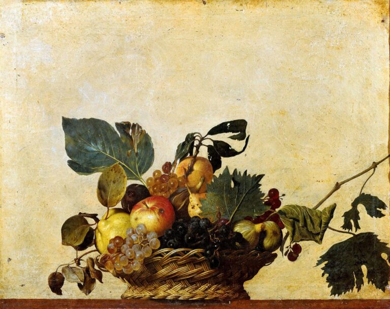 Wicker basket of assorted fruit—apples, pears, figs, green and dark grapes—with curling, blemished leaves and a trailing vine, placed on a wooden ledge against a pale, scumbled wall; natural light from the left creates crisp highlights and soft shadows; oil on canvas by Caravaggio, 1596.