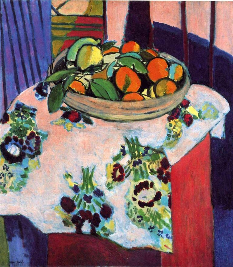 A 1913 still life by Henri Matisse showing a shallow bowl heaped with oranges, a lemon, and green leaves on a white floral tablecloth, with bold black contours and surrounding panels of pink, violet, and red that create a decorative, flattened space.
