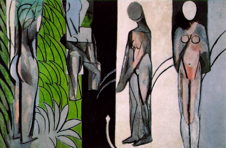 Large frieze of four simplified gray nudes standing in vertical bands with black and white panels; bright green palm-like foliage at left and a pale serpent-like river curve at bottom; mask-like heads and strong contours create an austere, architectural composition characteristic of Matisse’s 1916 style.