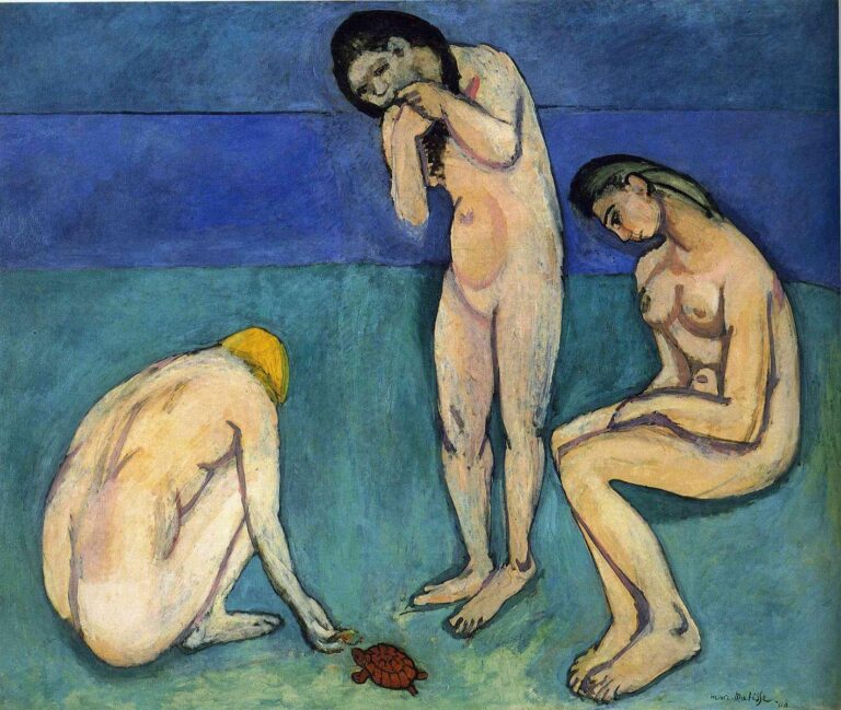 Three nude women in a shallow blue-green setting focus on a small red turtle at their feet: one crouches reaching out, one stands with bowed head and clasped hands, and one sits with knees drawn; broad horizontal color bands suggest sea and sky, and firm dark contours define the simplified forms in Matisse’s 1908 style.