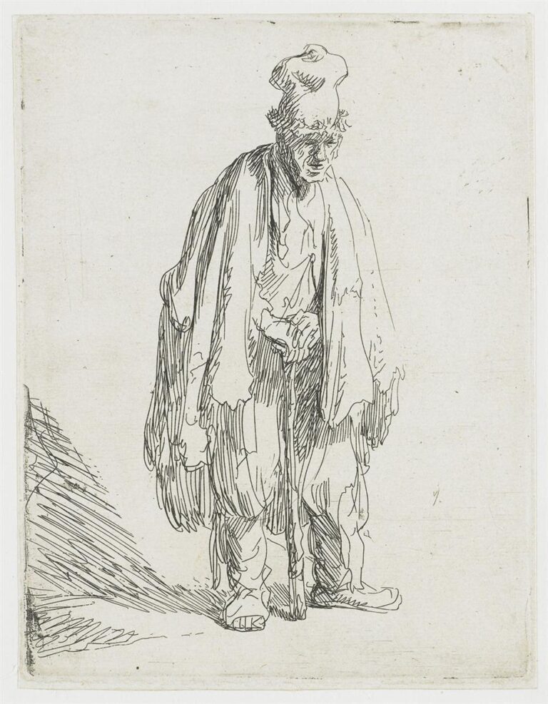 Small etching of a ragged man standing with a tall soft cap and a staff, layered torn garments hanging in vertical folds, a long hatched shadow to the left, and a nearly blank background that emphasizes his solitary presence.