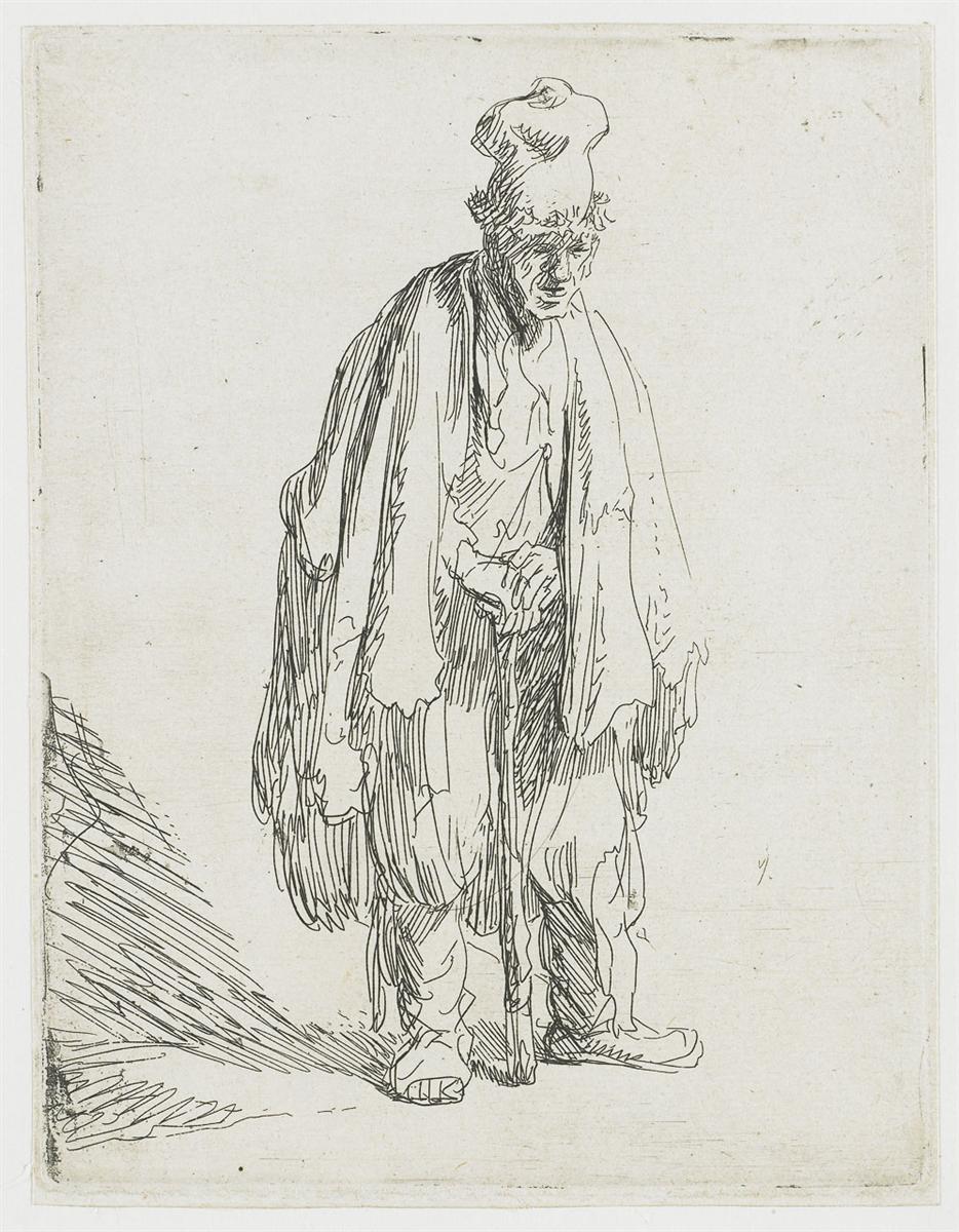 Small etching of a ragged man standing with a tall soft cap and a staff, layered torn garments hanging in vertical folds, a long hatched shadow to the left, and a nearly blank background that emphasizes his solitary presence.