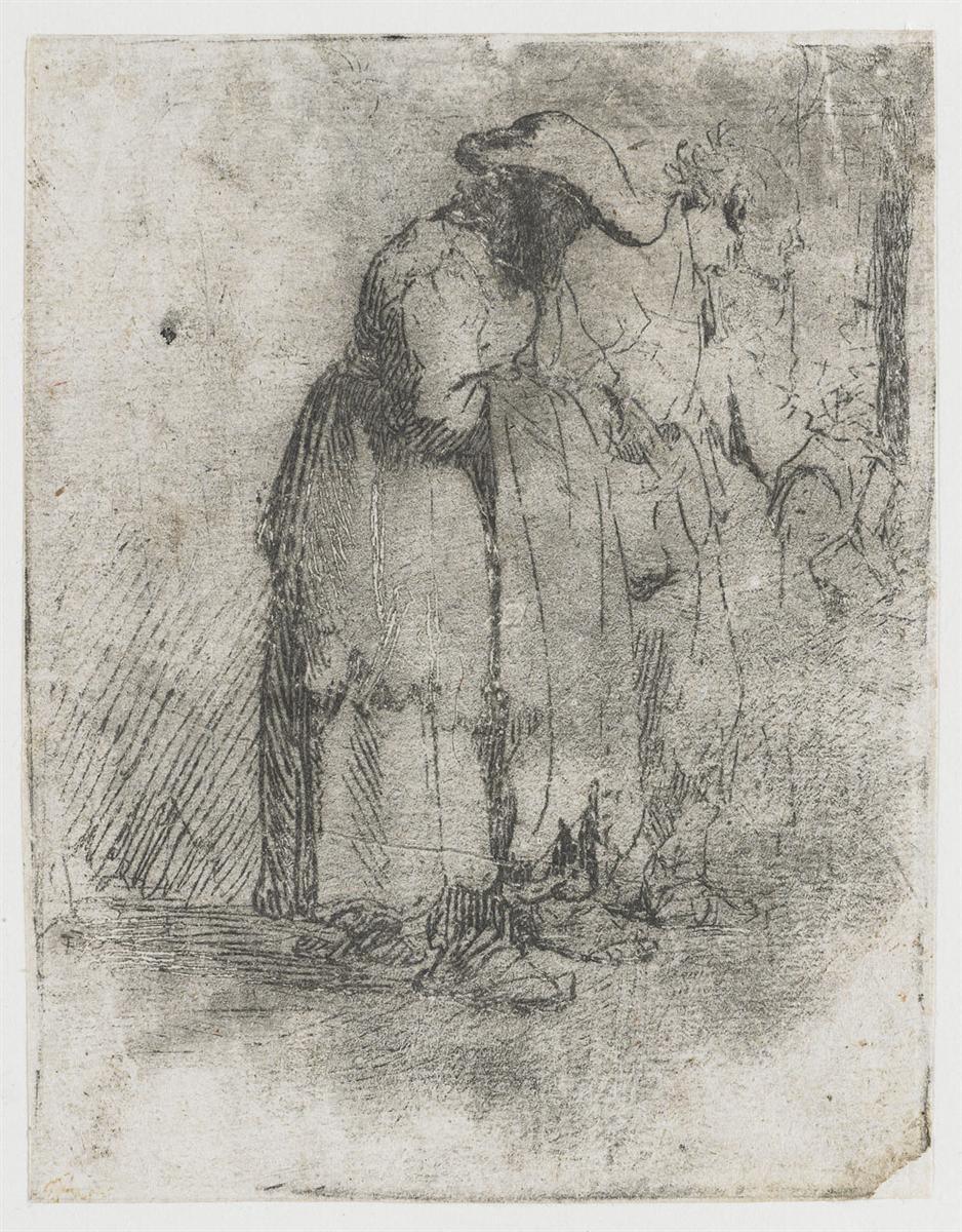 Small etching of two figures standing close together, a woman in a wide hat and layered cloak and a bearded man leaning toward her; rough hatching and soft gray plate tone surround them like weather as their worn garments fall in heavy vertical folds.
