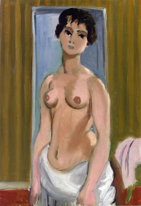Tall vertical painting of a standing half-draped woman before a cool blue doorway with olive-gold striped walls; simplified flesh tones, dark hair and eyes, white cloth at hips, and a pink garment on a chair; calm, modern balance typical of Matisse in 1918.
