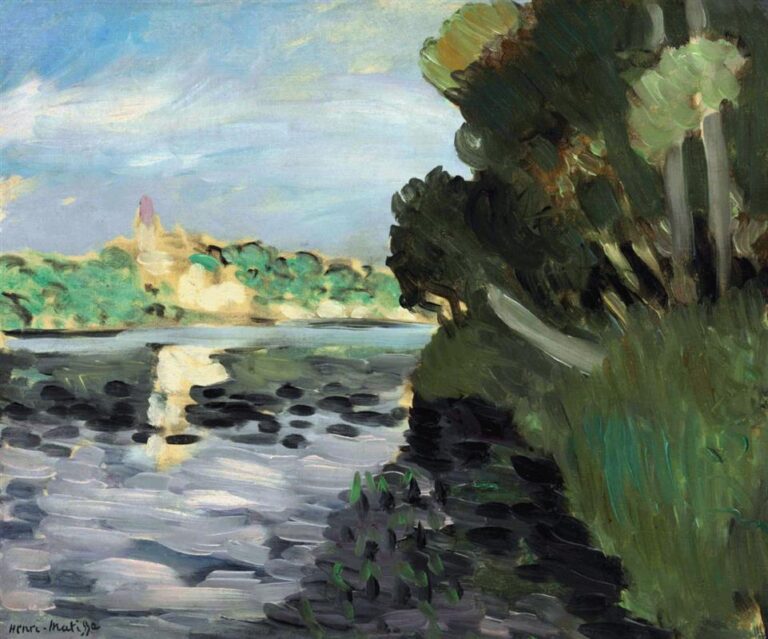 A riverside landscape with a broad pale-blue sky, dark reflective water, a bright distant village and trees on the far bank, and a dense green thicket on the right foreground leaning over the Seine.