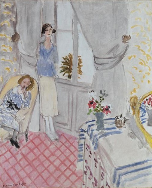 Sunlit Nice interior with pink lattice floor, gray curtains framing a French window, a standing woman in a blue blouse, a sleeping woman in an armchair, and a striped table with flowers and a small mirror—painted in Matisse’s airy, economical style.