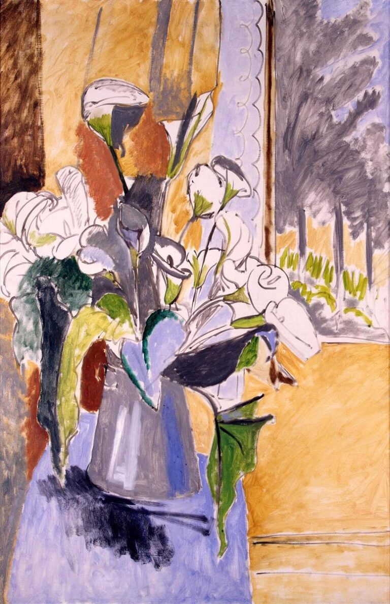 Vertical still life showing white calla lilies in a grey jug on a blue table beside a sunlit ochre veranda panel and a scalloped lavender curtain; beyond the opening is a sketchy grey view of trees. Bold black contours outline many blossoms, some left as white shapes, with greens and browns accenting leaves and stems in Henri Matisse’s 1912 “Bouquet of Flowers on a Veranda.”