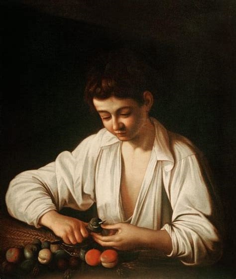 Half-length view of a teenage boy in a loose white shirt bending over a table, carefully peeling a piece of fruit with a small knife; a row of plums, peaches, and a fig lie on a wicker mat; strong light from the left models the face and hands against a dark background; oil on canvas by Caravaggio, 1593.