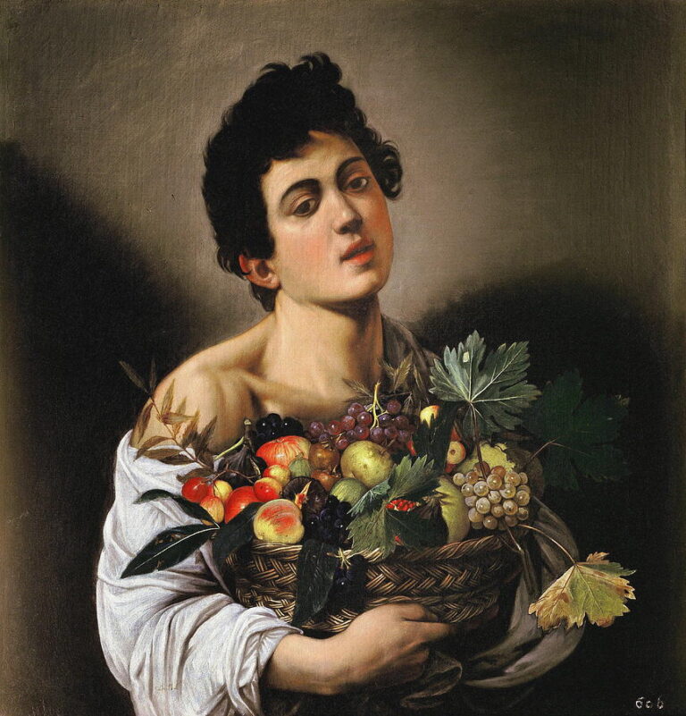 Half-length portrait of a teenage boy with bare shoulder and white shirt, holding a large wicker basket overflowing with grapes, figs, peaches, pears, and leafy branches; softly lit from the left against a dark background, emphasizing natural textures and slight imperfections; oil on canvas by Caravaggio, 1593.