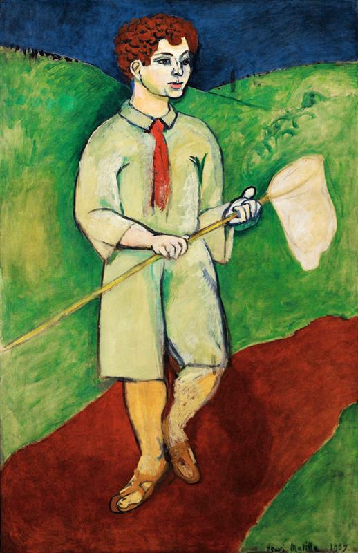 Full-length portrait of a red-haired boy walking on a red path through green hills, holding a long pole with a white butterfly net under a deep blue sky; strong black outlines and vivid Fauvist colors define the scene.