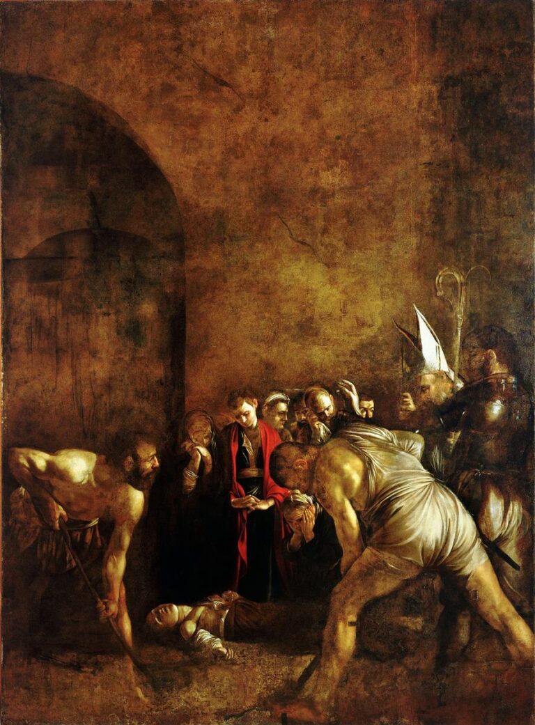 A large, ocher wall dwarfs a clustered group near the bottom right where two half-nude gravediggers and a bishop preside over the body of Saint Lucy; mourners bow and weep as strong light grazes the low scene, leaving the upper canvas in shadow.