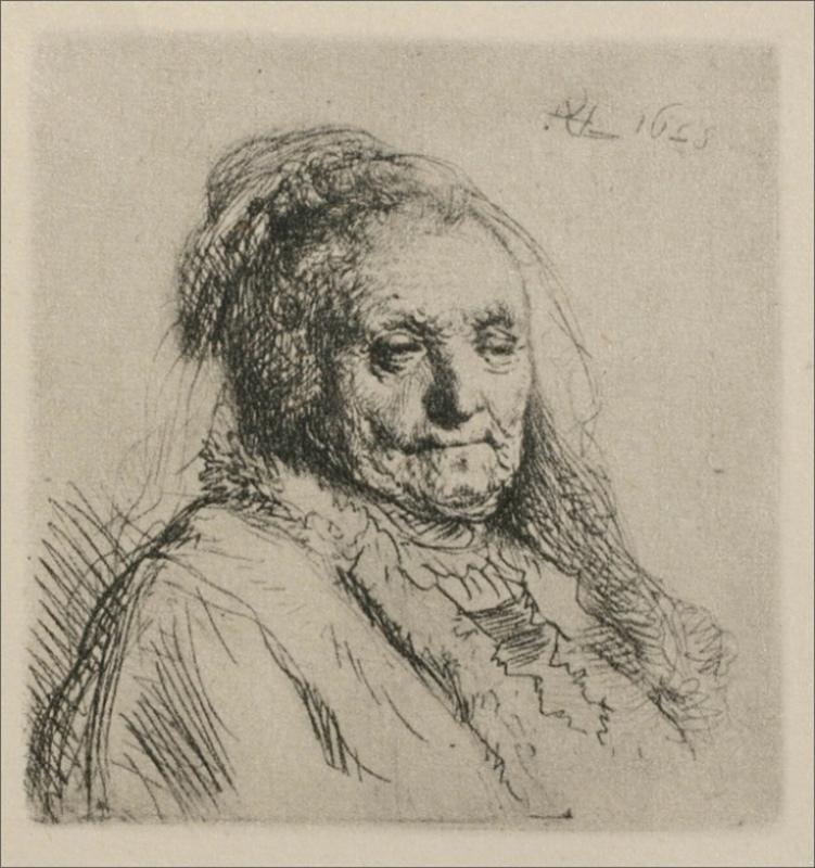 Small bust-length etching of an elderly woman in a headcloth, turned slightly to the left; fine hatching models soft wrinkles and half-lidded eyes while a light plate tone creates a calm, airy background.