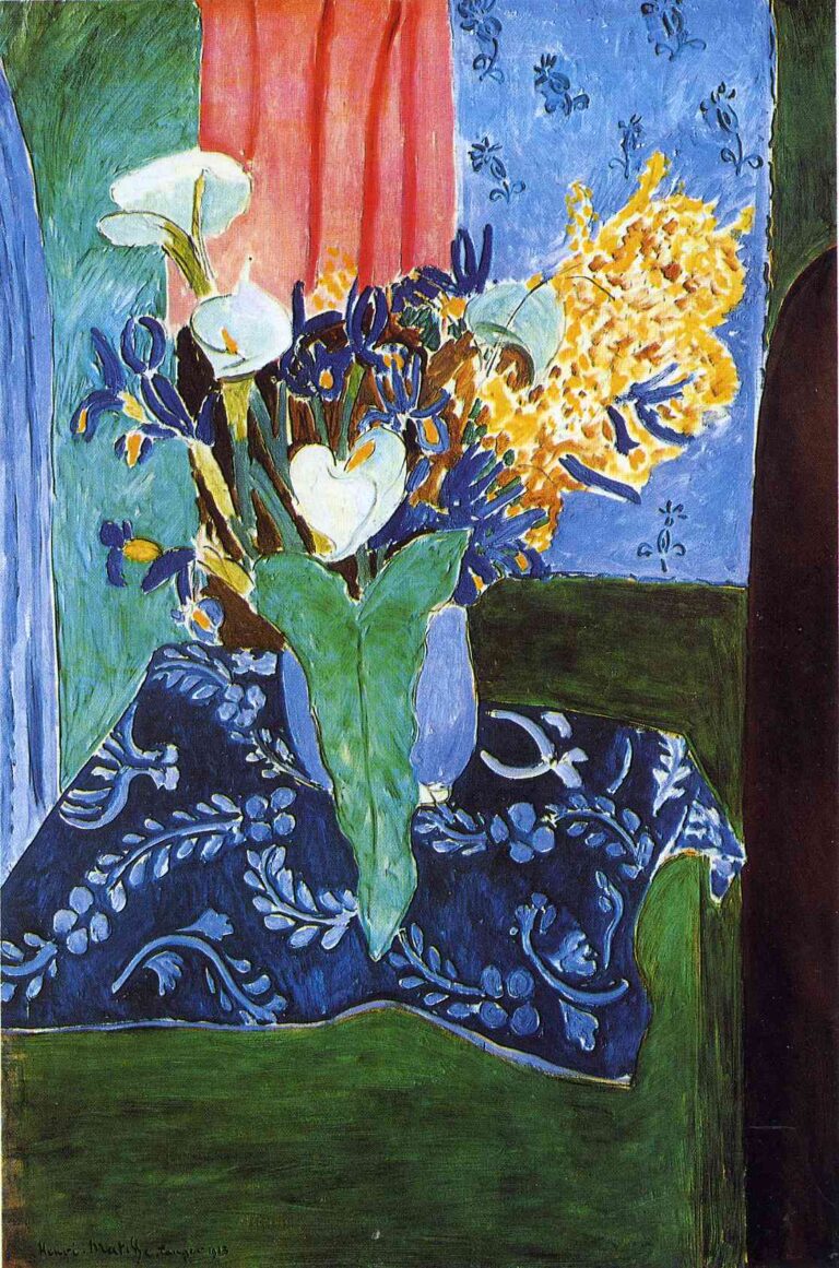 A blue vase of white calla lilies, deep blue irises, and a bright yellow mimosa sits on a dark blue patterned cloth before a blue wall with small motifs and a coral-pink curtain, painted in flat, saturated colors in Henri Matisse’s decorative style.