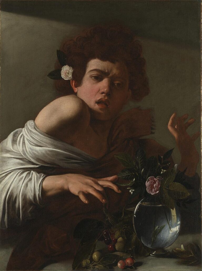 Half-length youth with flower in hair recoils as a lizard bites his finger near a vase of water and scattered fruit; dramatic light illuminates face, shoulder, sleeve, and glass while background falls into deep shadow; oil on canvas by Caravaggio, 1596.