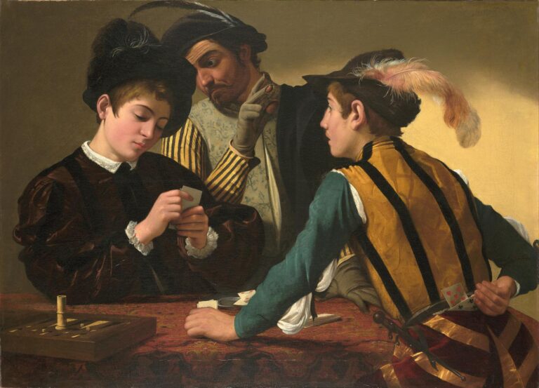 Interior scene of three half-length figures at a table: a well-dressed boy at left examines playing cards, a middle figure in striped sleeves signals with gloved fingers, and a youth in a yellow doublet at right slyly draws a card from behind his back; crisp side light against a plain wall emphasizes fabrics, gestures, and the hidden cheat; oil on canvas by Caravaggio, 1594.