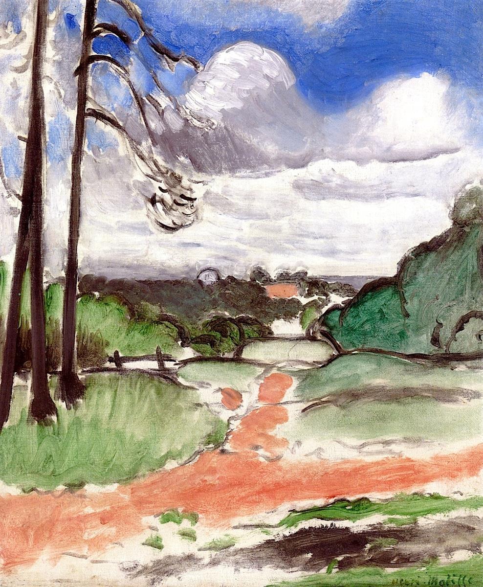 A bright landscape by Henri Matisse with three dark pines at the left, a red earthen path zigzagging through pale green fields toward distant trees, and a half-clouded blue sky rendered in broad, lively brushstrokes with strong black contours.