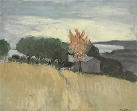 A Mediterranean landscape by Henri Matisse (1918) showing a diagonal sweep of golden wheat, a small gray house amid dark green trees with an apricot-colored tree, distant blue sea and headlands, and a pale clouded sky painted with visible brushstrokes.