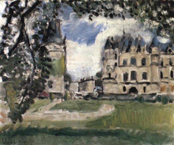 A view of the Château de Chenonceau painted by Matisse, with dark leafy branches framing the top, a pale stone façade and separate turret across a wide green lawn, and a windy sky of white and blue clouds rendered with broad strokes and strong black contours.