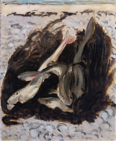 A Complete Analysis of “Sea Dogs” by Henri Matisse. Still-life view of several pale dogfish twisting around a dark tidepool amid grey-white foamy water, painted with loose, swirling brushstrokes on a cool, restrained palette, 1920.