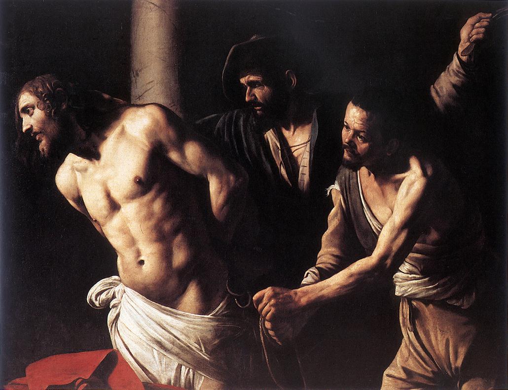 Half-length scene of the Flagellation: a luminous, bare-chested Christ is bound to a column while two workmen tighten ropes and another raises a scourge; strong side light models muscles and hands against a deep, nearly black background.
