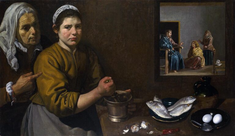 In a dark kitchen, an older woman points while a young maid grinds with a pestle beside fish, eggs, garlic, and a jug; through a framed opening at right, Christ speaks as Mary listens and Martha gestures, linking everyday labor to the Gospel story.