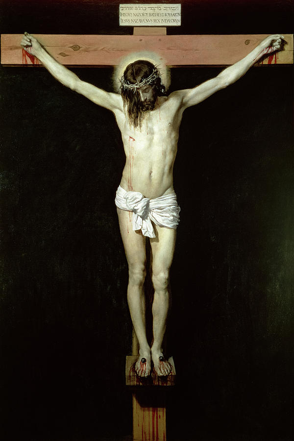 Frontal crucifixion of Christ against a black background, his head bowed beneath a crown of thorns, a soft halo behind him, white loincloth knotted at the waist, measured streams of blood from hands, feet, and side, and the INRI tablet atop a simple wooden cross.