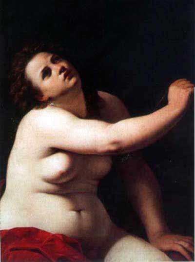 Half-length nude Cleopatra by Artemisia Gentileschi leaning back in strong light against a dark background, left arm raised, red drapery across her lap, expression lifted upward as if at the moment of her fateful decision.