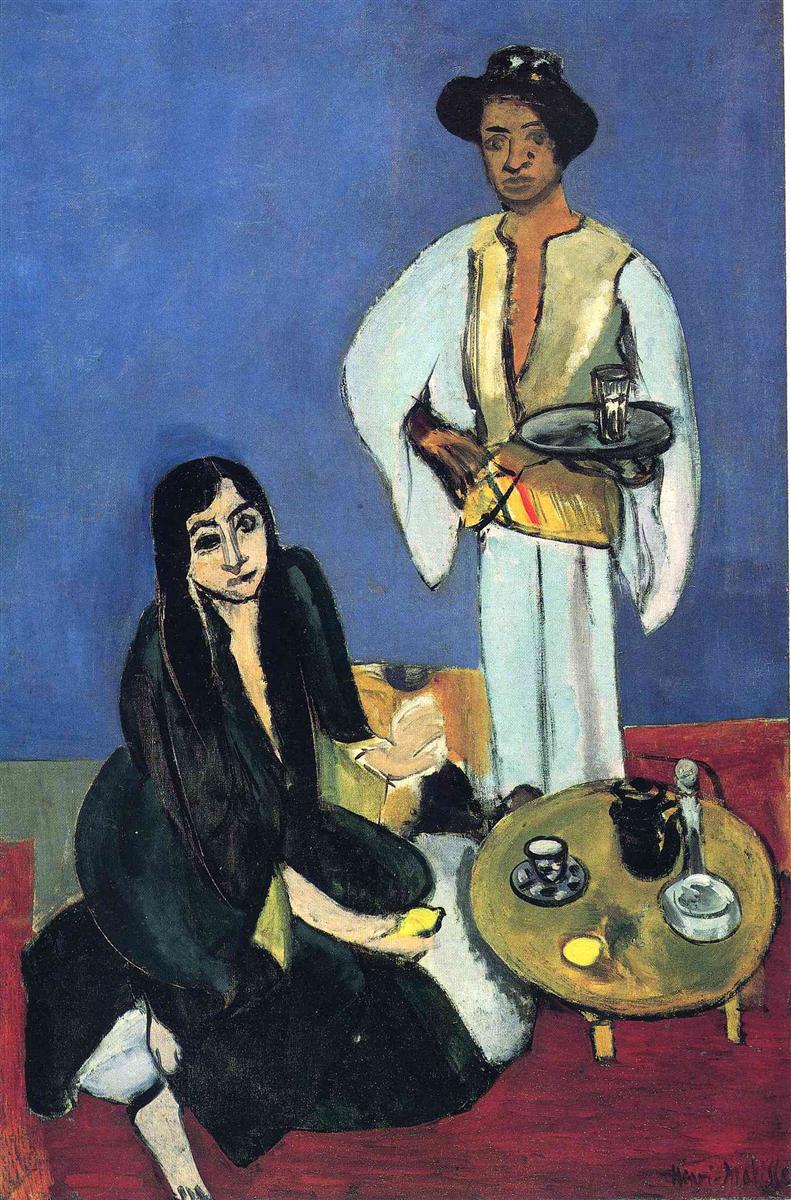 Interior scene with blue wall and red floor showing a standing server in pale tunic holding a tray and glass, a seated woman in black beside a low ocher round table with coffee pot, cups, carafe, and lemons; simplified forms outlined in black, characteristic of Matisse in 1916.