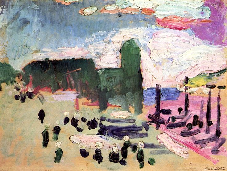 Oil painting of Collioure’s waterfront by Henri Matisse (1905): simplified boats, dark green buildings, and small figures under a bright, streaked sky of blues, pinks, and white.