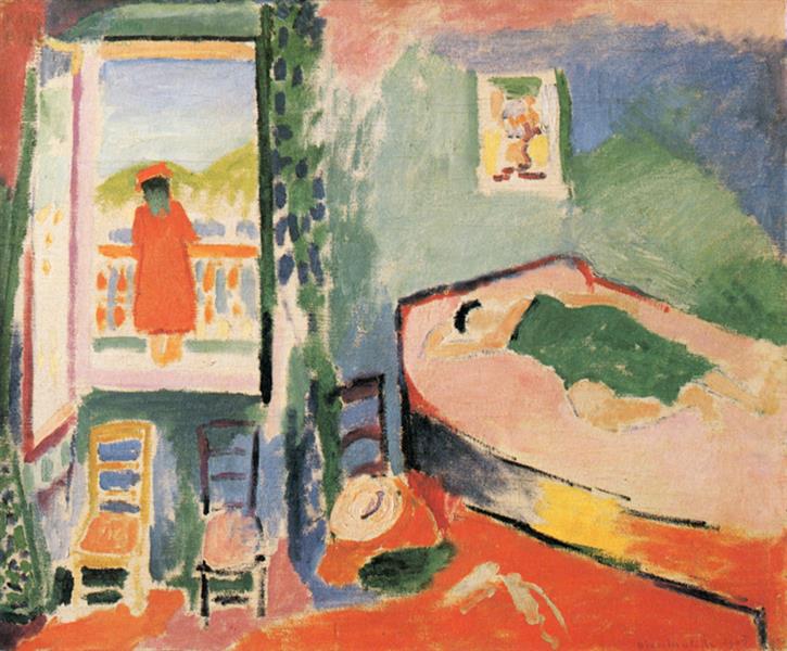 A Fauvist interior by Henri Matisse showing an open balcony door with a red figure at left, three chairs and a straw hat on a red floor, a curved bed with a green cover at right, and turquoise, mint, and violet walls, all painted with bold color blocks and visible brushstrokes.