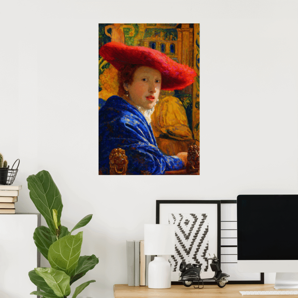 Poster of Girl with the Red Hat by Johannes Vermeer displayed in a modern home office, featuring the Dutch Golden Age portrait with a vivid red hat, blue garment, and warm interior background.