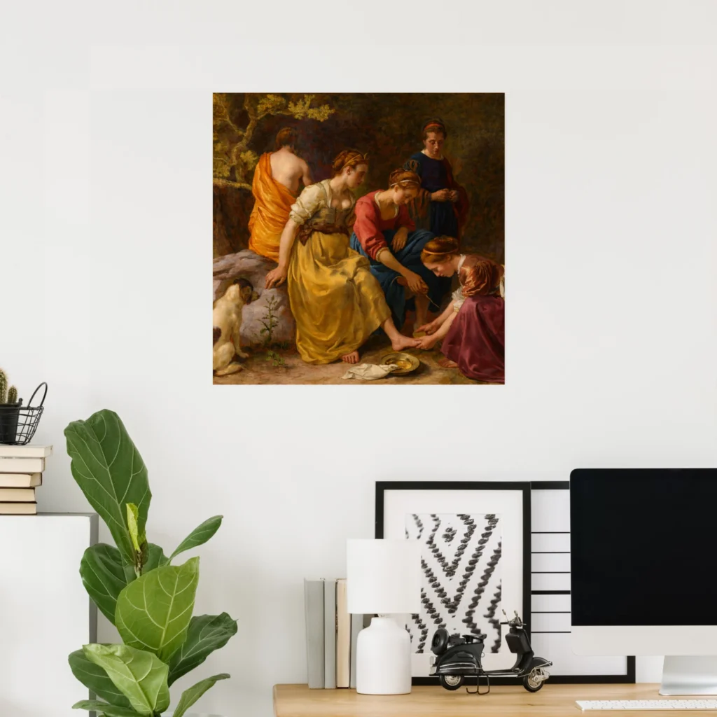 Poster of “Diana and her Companions” by Johannes Vermeer — classical Baroque scene of Diana with her attendants, richly colored figures in a wooded setting, fine art wall decor print.