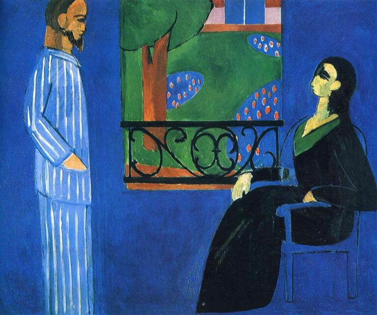 Interior painted in saturated blue with a man in blue-and-white striped pajamas standing at left and a woman in a long black dress seated at right; between them a window shows a simplified garden with green shapes and pink dots behind a black wrought-iron railing. The scene is flat and decorative, emphasizing bold color fields and contours in Henri Matisse’s 1912 “Conversation.”