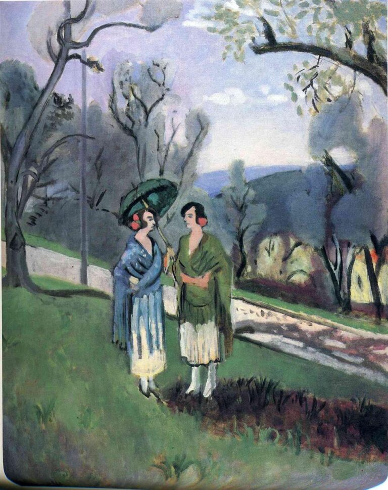 Two women converse on a grassy slope beneath olive trees; one holds a green parasol, both wear shawls and pale dresses; a pale path curves behind them with blue-lavender hills and a light, clouded sky in the distance, painted in Matisse’s airy Nice-period style.