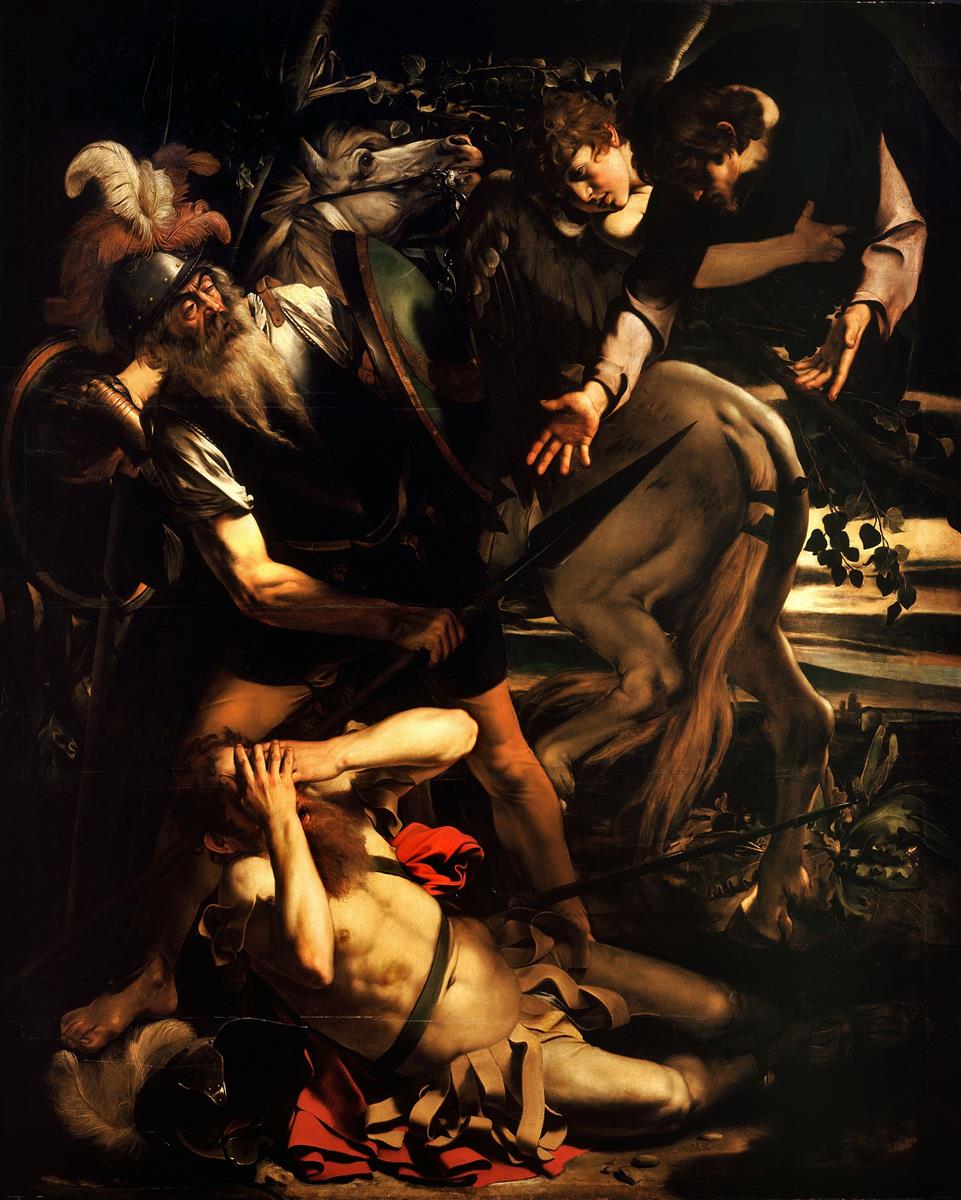 On a dark road, Saul lies fallen in armor with hands over his eyes as a horse rears and companions struggle; an angel leans from a burst of light toward him, while a soldier with shield and plumed helmet looks up, all forms carved by a dramatic beam across deep shadow.