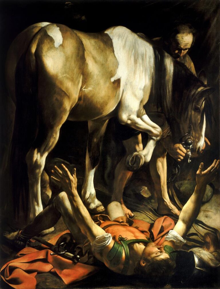 In a dark, shallow space, a huge horse stands calmly as an elderly groom holds the bridle while Saul lies on his back in armor with arms flung open, bathed in a dramatic light; a fallen helmet and sword rest beside a crimson cloak on the ground.