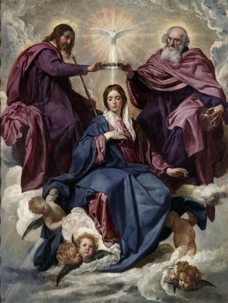 The Virgin Mary sits on clouds in a blue mantle as Christ and God the Father lower a floral crown over her head; a radiant dove hovers above, with cherubs nestled in the clouds around them, all modeled in soft, luminous light.