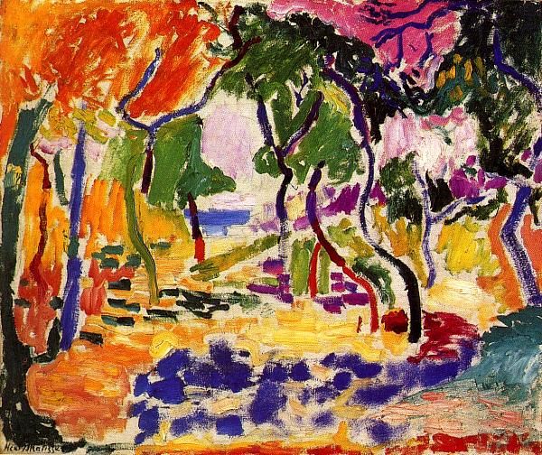 A Fauvist landscape by Henri Matisse showing an arching canopy of black-rimmed trees over a sunlit clearing of yellow and orange, with a purple shadow across the foreground and a small blue rectangle of sea visible through the center.