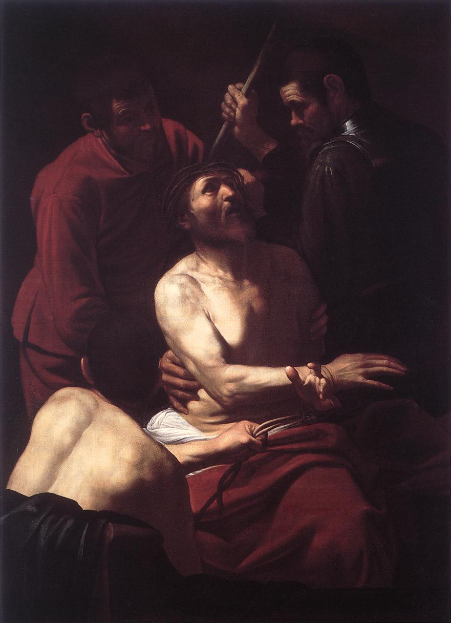 In a dark, close-quartered scene, three men press a thorny crown onto Christ’s head while he sits bound and half-naked; a strong light models his torso, the red mantle, and the workers’ gripping hands against a void.
