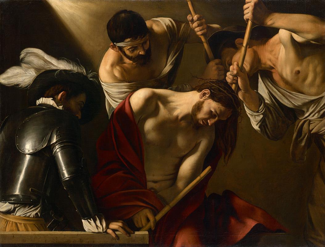 In a dark interior, Christ sits in a red mantle as two men press a thorny crown onto his head with crossed canes, a third steadies him, and an armored officer with a white plume leans over a stone ledge; strong light models bodies, armor, and wood against a bare wall.