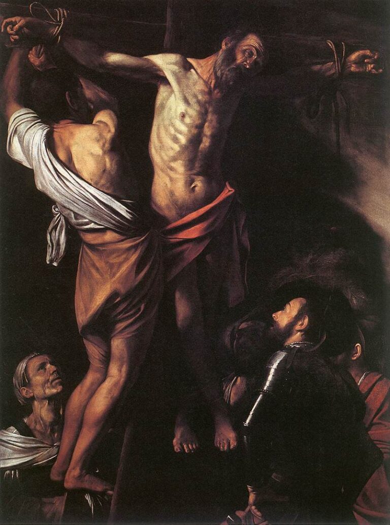 In deep shadow, Saint Andrew is hoisted on a cross by three workmen as a soldier and an old woman look up; strong side light illuminates Andrew’s straining torso, bound wrists, and the executioners’ muscles while the background recedes into darkness.