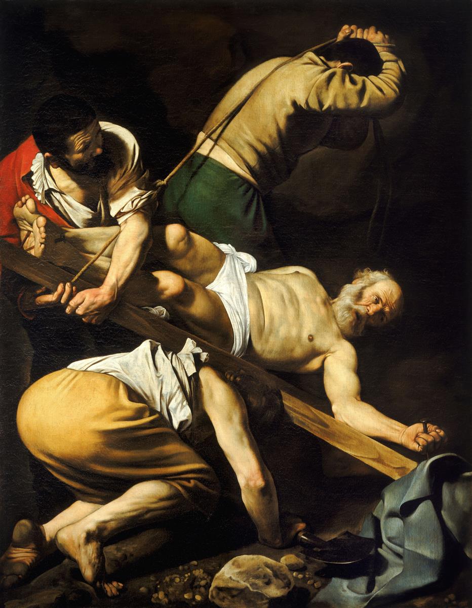 In a dark, shallow space three laborers strain to raise an inverted cross bearing the older, nearly nude Saint Peter; raking light reveals rope, splintered wood, and tense muscles as Peter looks outward while one hand grips a nail and the other is pinned.