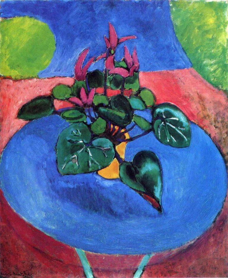 Close view of a potted cyclamen centered on a large circular blue tabletop; dark green, heart-shaped leaves with pale highlights surround magenta petals rising upright; background divided into flat fields of deep blue and warm red with two green circular shapes at the top corners. Thick black contours and saturated colors characterize Henri Matisse’s 1912 “Cyclamen Pourpre.”