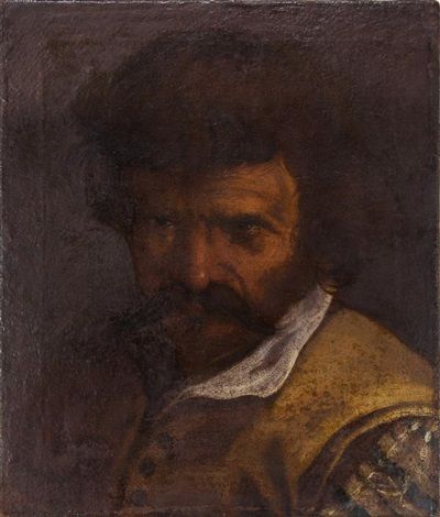 A close, half-length portrait shows a bearded man with thick dark hair emerging from a shadowy background; a white collar and buff doublet catch a warm light as his wary eyes look out from under a heavy brow.